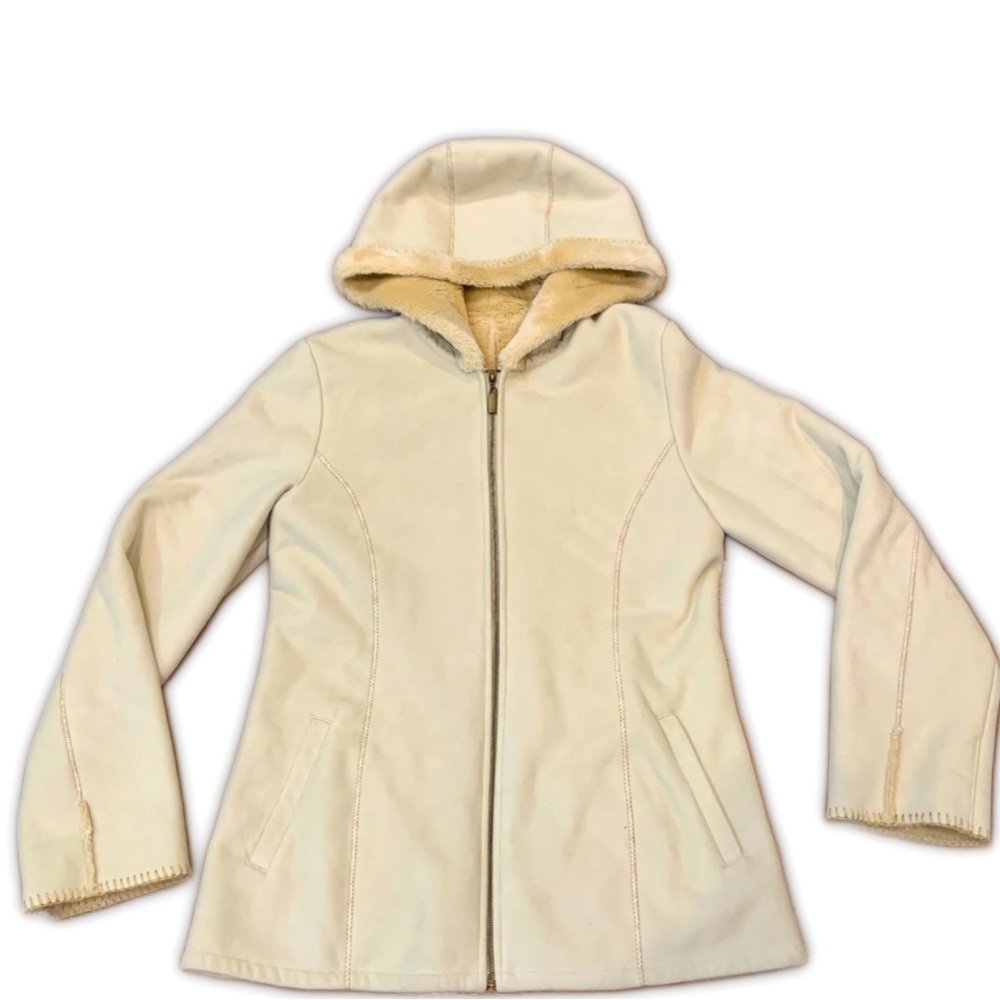Marvin Richards ivory faux suede hooded zip jacket with furry lining